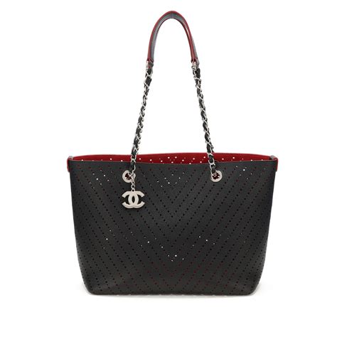 chanel goatskin perforated small cc tote black|chanel chain tote sale.